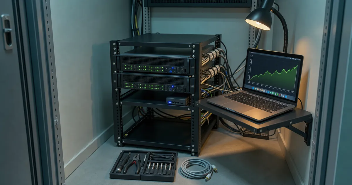 Website maintenance cost: a small server closet with green status lights, a backup drive and a laptop showing an uptime graph