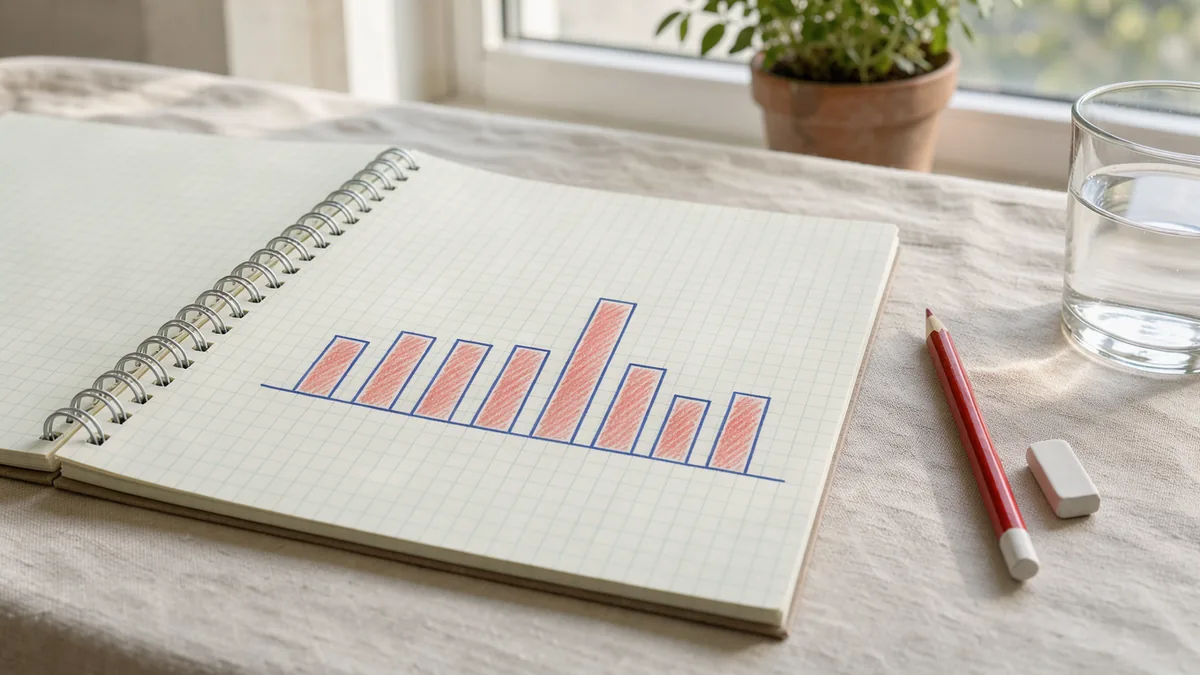 Hand-drawn chart of daily ad spend in a graph-paper notebook, with one day's bar about twice as tall as the rest