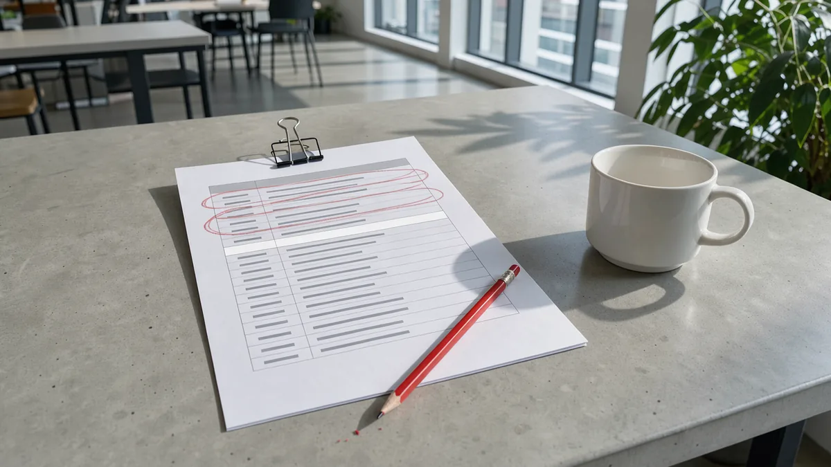 A printed report on a desk with two rows circled in red pencil and one row left blank
