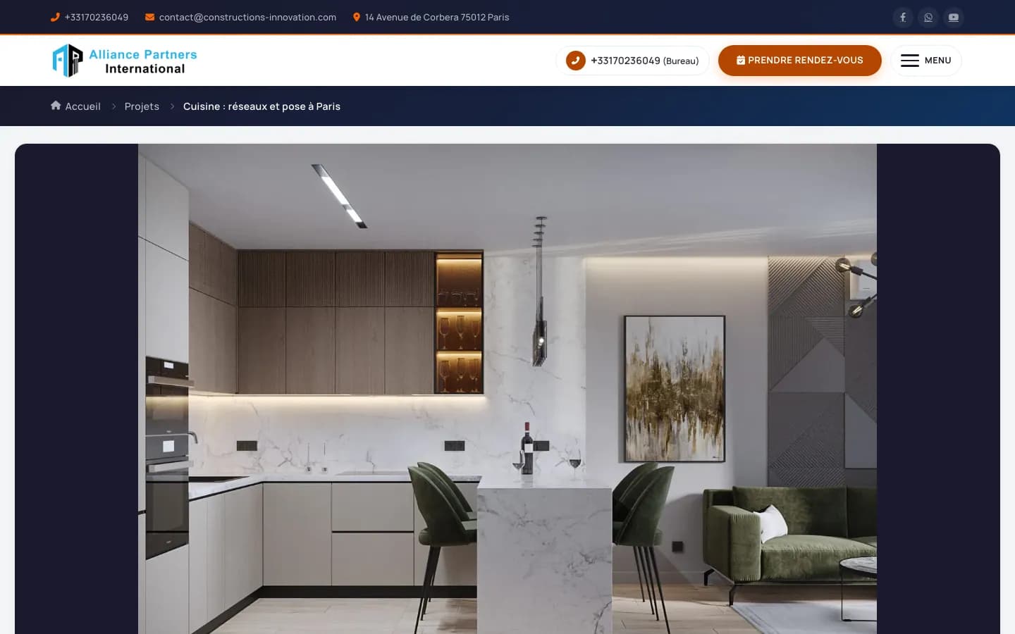 Constructions Innovation project page for a kitchen fit-out in Paris, with the project photo