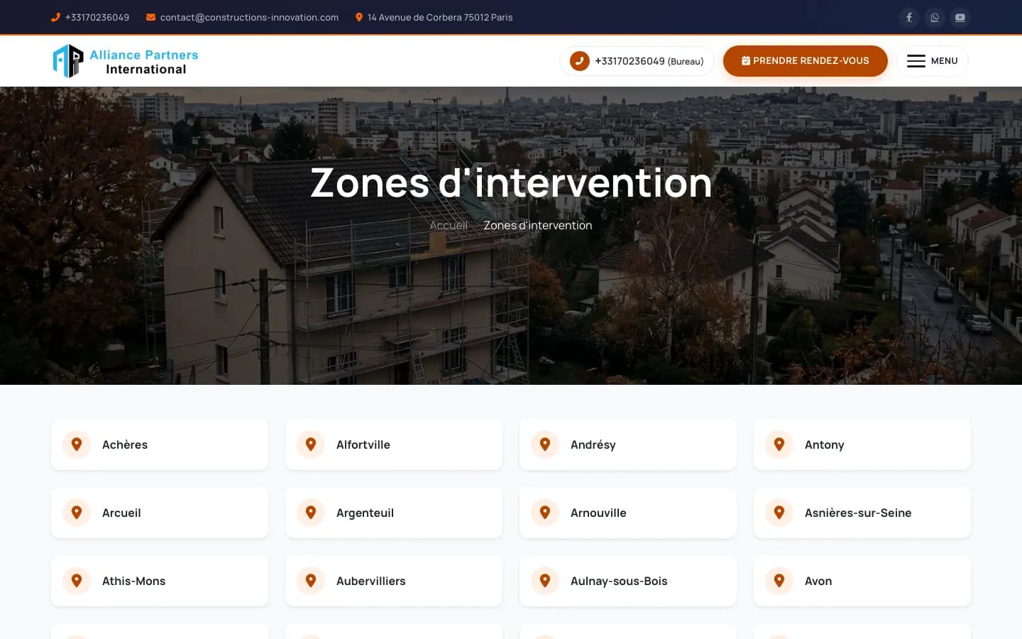 Constructions Innovation areas-served page listing the towns around Paris that have their own location page