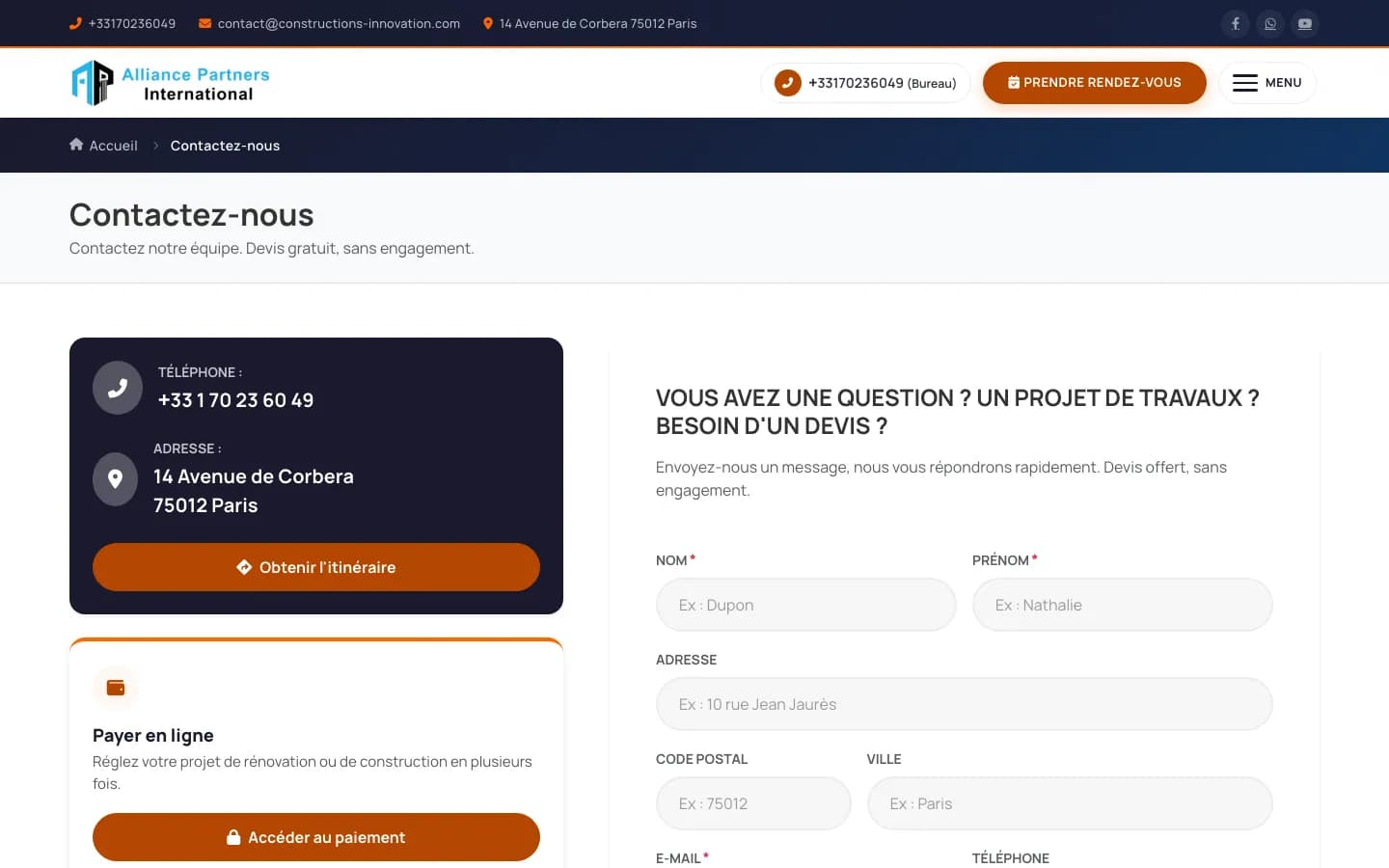 Constructions Innovation contact page with the office details and the quote request form