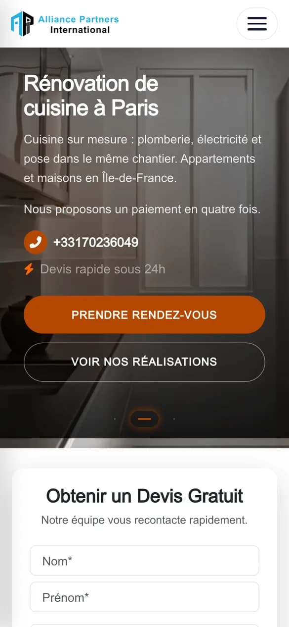 Constructions Innovation website on a phone (mobile view of the home page)