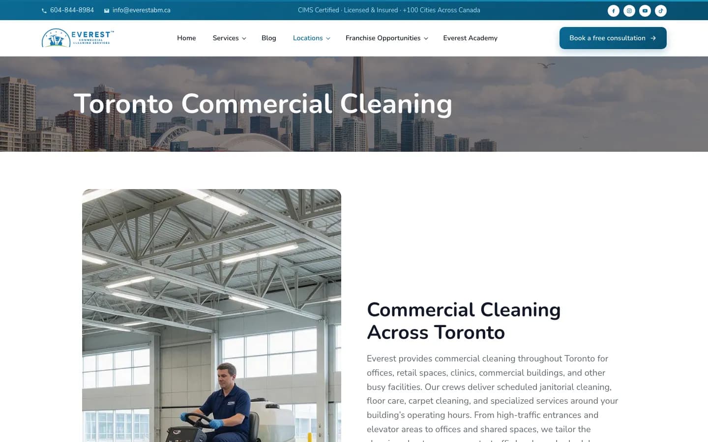 Everest Cleaning Toronto commercial cleaning location page with the city skyline banner