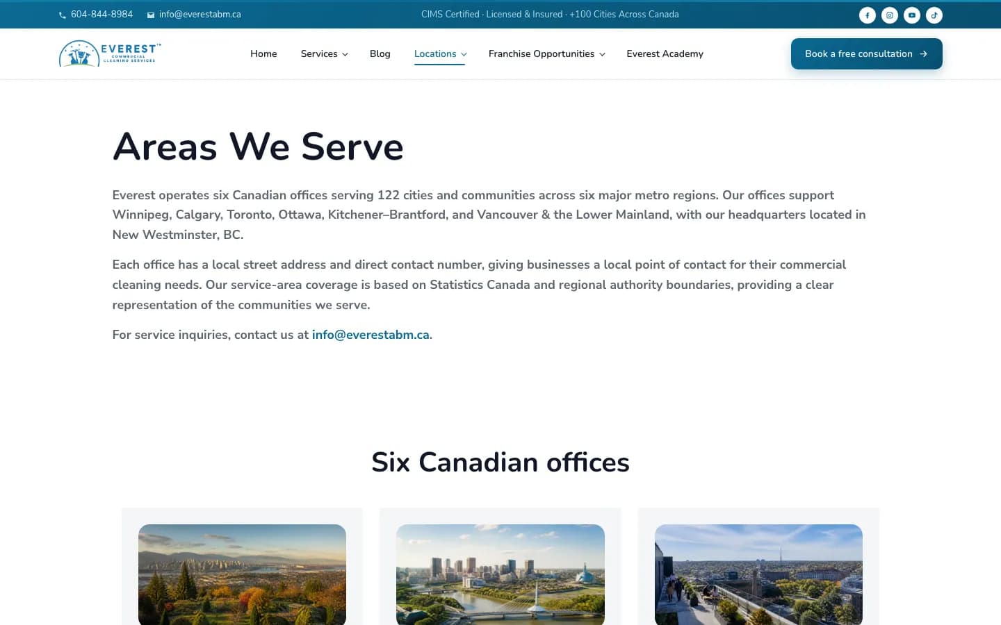 Everest Cleaning locations page describing the areas served and the regional offices