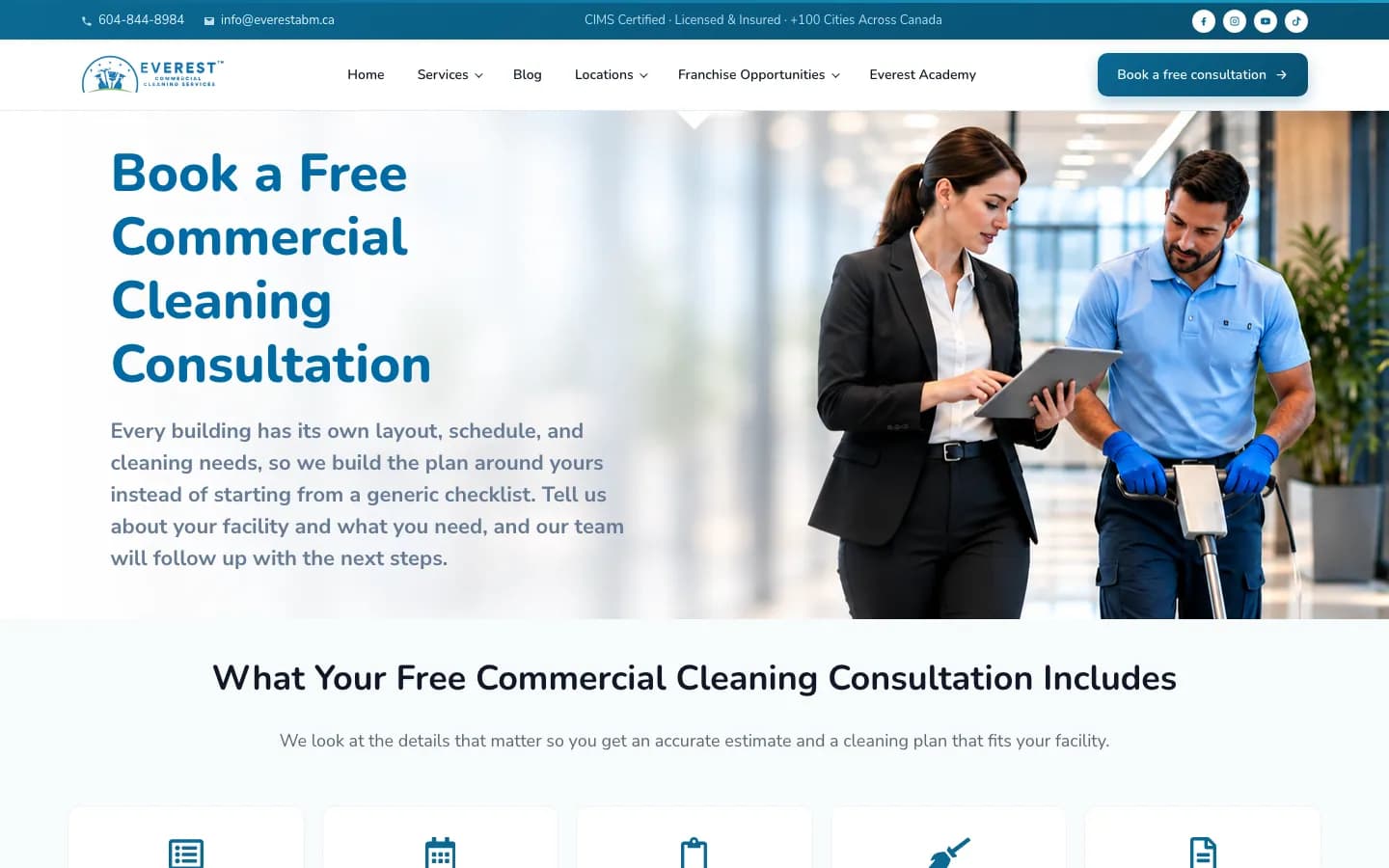 Everest Cleaning page for booking a free commercial cleaning consultation