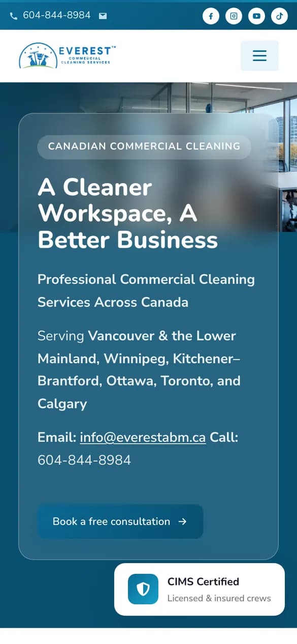 Everest Cleaning website on a phone (mobile view of the home page)